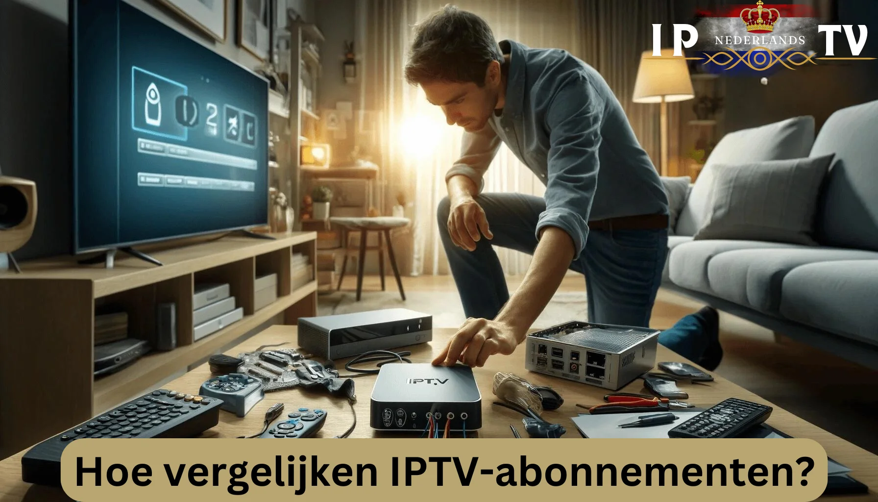 Een man vergelijkt IPTV-abonnementen online.