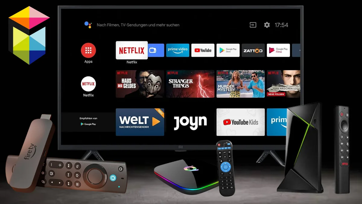 Smart TV geeft nederlandse iptv content op zijn scherm weer en er staan ​​Android boxen omheen