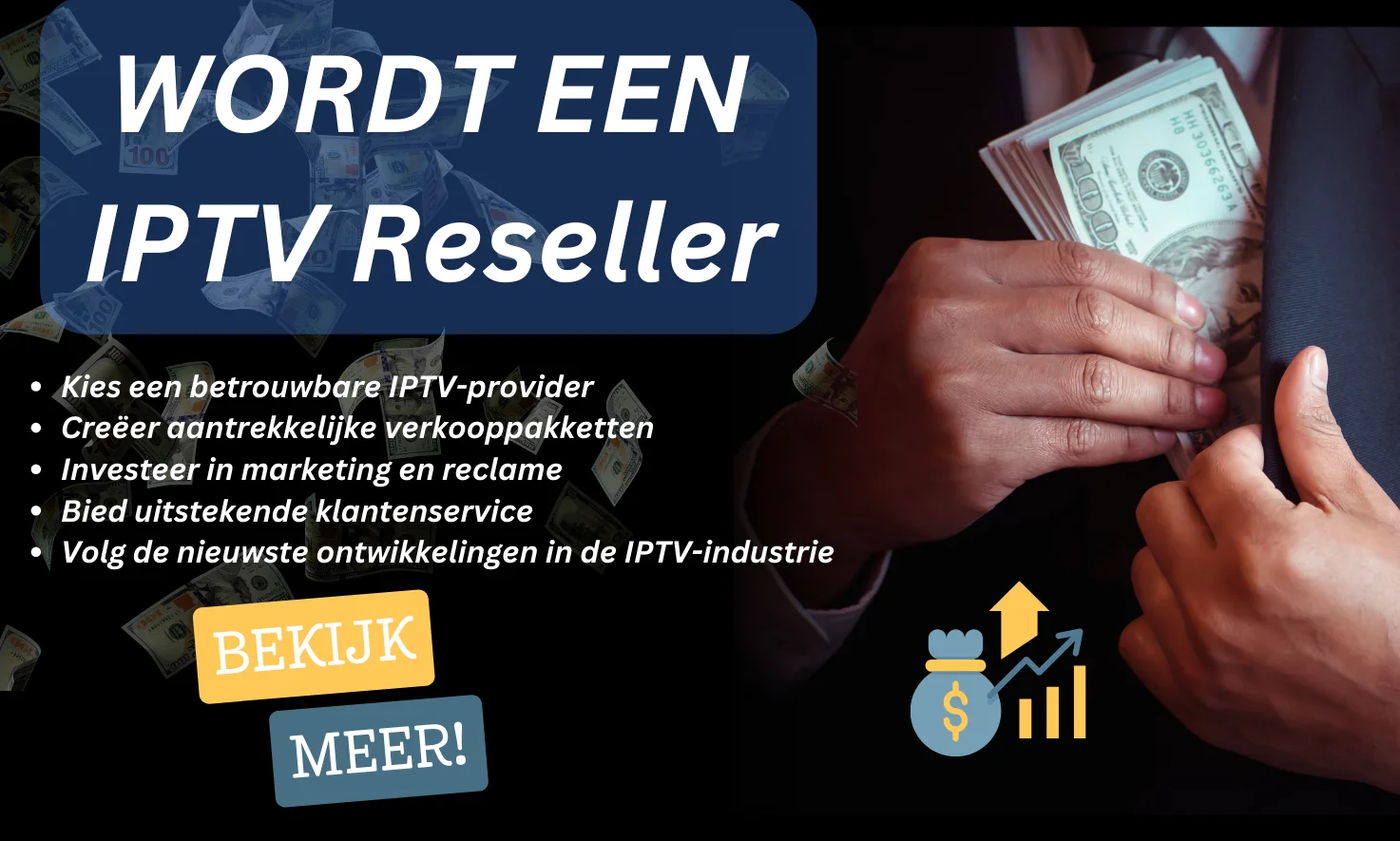 Geld verdienen met IPTV for reseller door abonnementen te verkopen en klanten premium streamingdiensten aan te bieden.